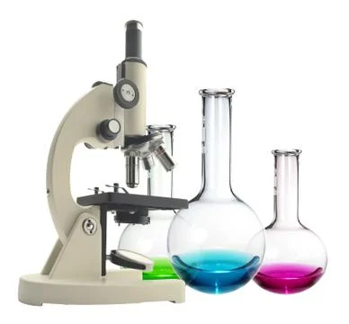 Laboratory metal microscope and test tubes with liquid isolated on white Foto stock