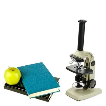 Laboratory microscope and books isolated on white. There is free space for .. Stock Photos
