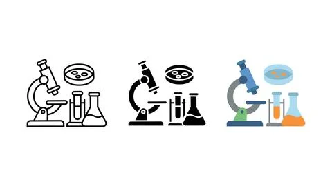 Laboratory microscope and chemistry glassware icon set 스톡 일러스트