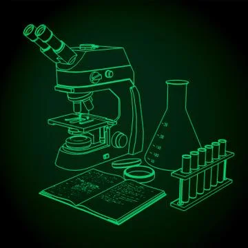 Laboratory microscope and test tubes for experiments 库存插图