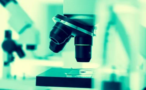 Laboratory microscope lens.modern microscopes in a lab. Stock Photos