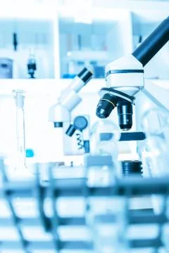 Laboratory microscope lens.modern microscopes in a lab. toned image Stock Photos