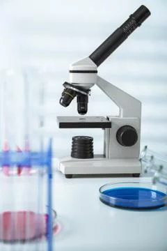Laboratory microscope lens.modern microscopes in a lab. Stock Photos