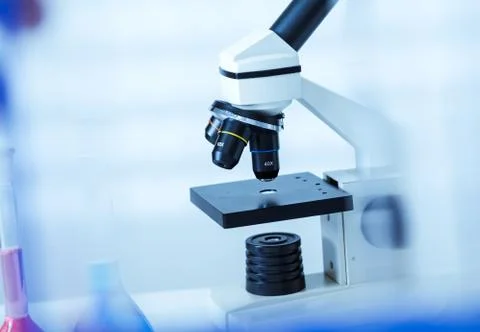 Laboratory microscope lens.modern microscopes in a lab. Stock Photos