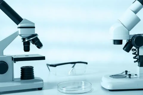 Laboratory microscope lens.modern microscopes in a lab Stock Photos