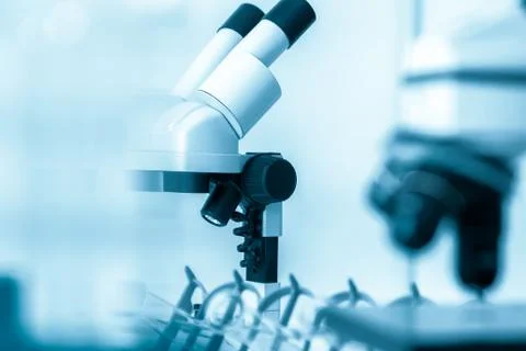 Laboratory microscope lens.modern microscopes in a lab. Stock Photos