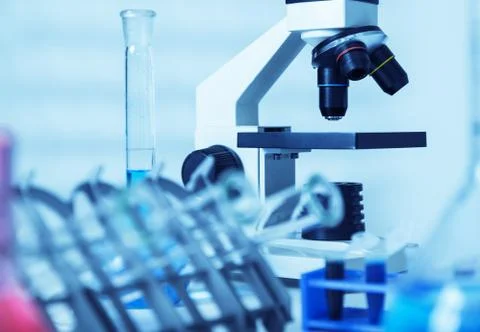 Laboratory microscope lens.modern microscopes in a lab. Stock Photos