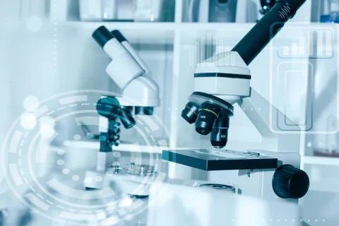 Laboratory microscope lens.modern microscopes in a lab Stock Photos