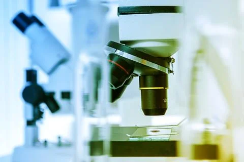 Laboratory microscope lens.modern microscopes in a lab. Stock Photos