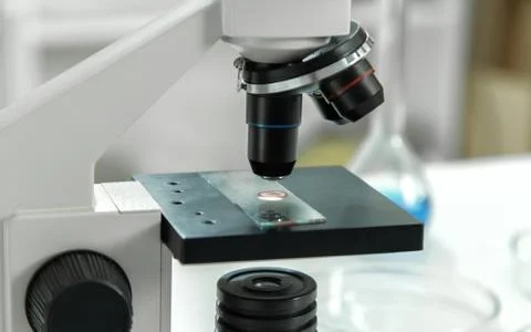 Laboratory microscope lens.modern microscopes in a lab Stock Photos