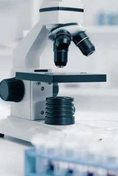 Laboratory microscope lens.modern microscopes in a lab Stock Photos