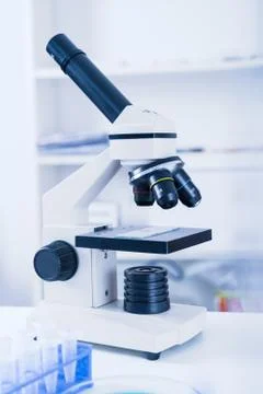 Laboratory microscope lens.modern microscopes in a lab. Stock Photos