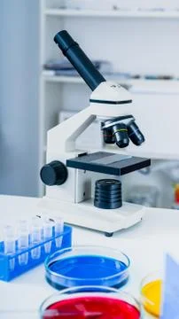 Laboratory microscope lens.modern microscopes in a lab. Stock Photos