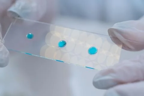 Laboratory microscope with microscope slide in hand Stock Photos