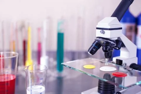 Laboratory microscope with paints Stock Photos