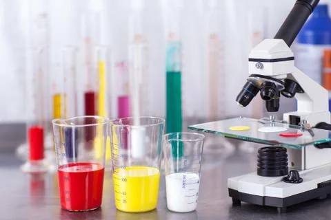 Laboratory microscope with paints Stock Photos
