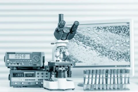 Laboratory Microscope. Scientific research background. Stock Photos