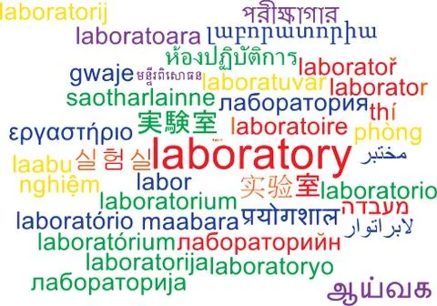 Laboratory multilanguage wordcloud background concept Illustrazione stock