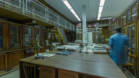 Laboratory, old file cabinet stands, people working. Motion time lapse. Stock Footage 119830472