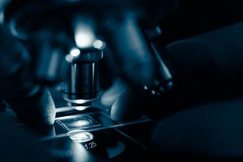 Laboratory optical microscope macro view with gloved hands Stock Photos