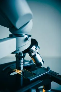 Laboratory optical microscope macro view with gloved hands Stock Photos