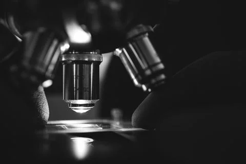 Laboratory optical microscope macro view with gloved hands Stock Photos