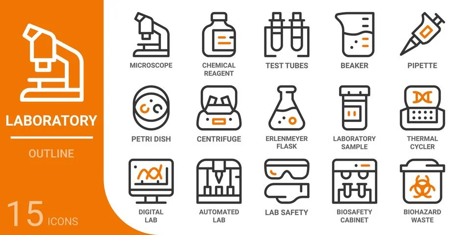 Laboratory outline icon set,15 vector icons Stock Illustration