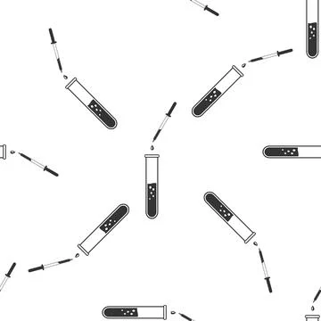 Laboratory pipette with liquid and falling droplet over glass test tube isolated Ilustração Stock