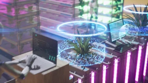 A laboratory with plants and robots that take care of them. Biological study Stock Footage 248611405