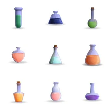 Laboratory potion icon set, cartoon style Stock Illustration