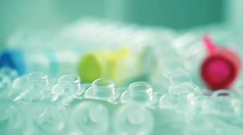 Laboratory reagents and vials. Macro pan video Stock Footage 58215594