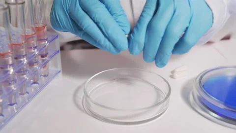 Laboratory research close-up. The scientist breaks the capsule and pours powder Stock Footage 156952222