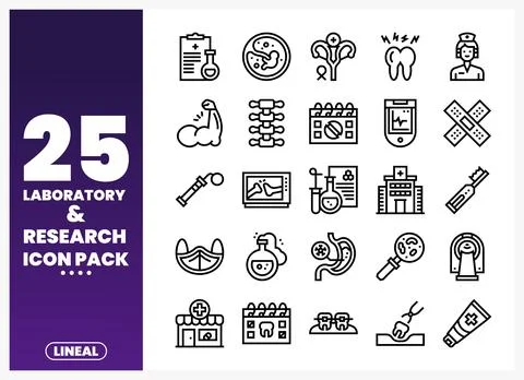 Laboratory Research Icons Pack featuring medical. scientific. and healthcar.. Stock Illustration