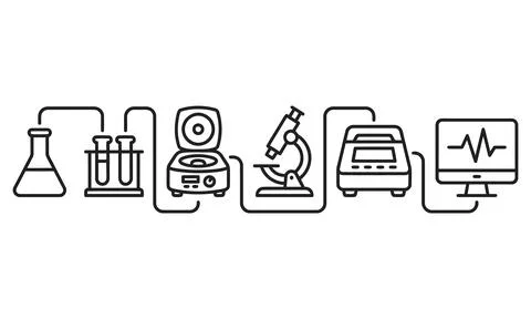 Laboratory research process line icons set Stock Illustration