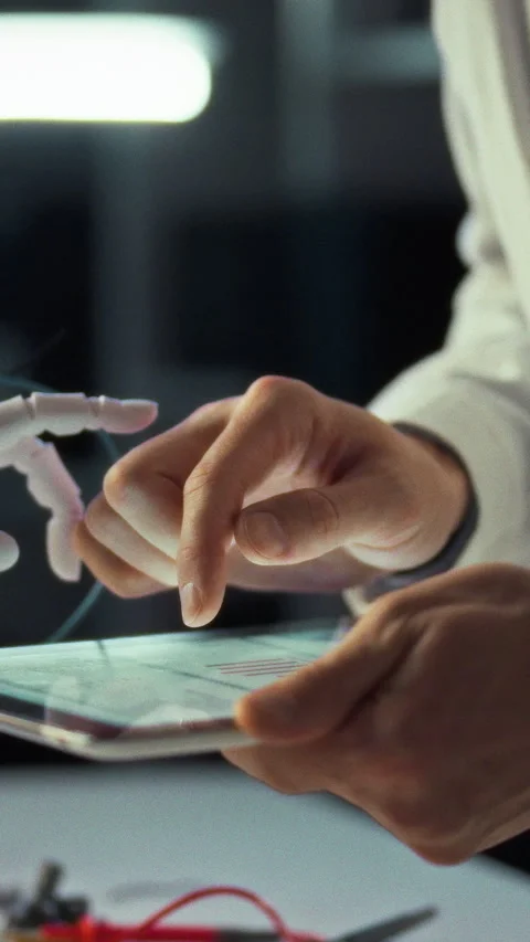 In a laboratory a researcher manipulates a responsive robotic hand while con Stock Footage 331794578