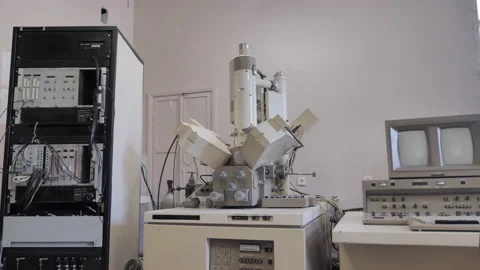 Laboratory With Retro Computer Machine, Electronic Microscope And Devices Stock-Footage 179486341