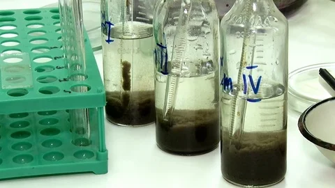 Laboratory samples in glass flasks. Stock Footage 127321261