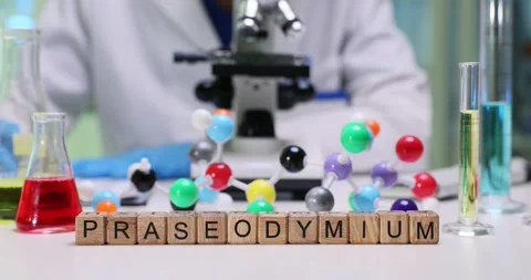 Laboratory Scene Featuring Various Chemistry Elements and the Name Praseodymium Stock Footage 309310555