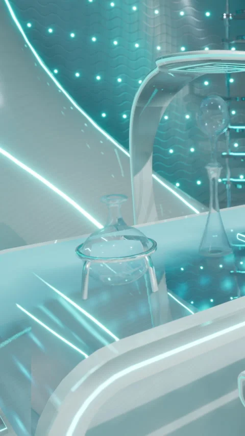 Laboratory scene with glassware under bright lights and glowing background Stock Footage 335691130
