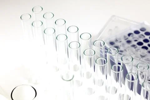 Laboratory scene with multiple test tubes arranged in rows. Stock Photos
