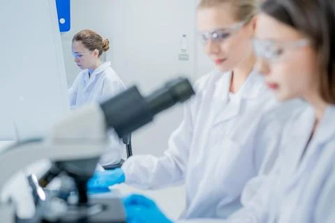Laboratory scene with researchers using microscope and computer in a scienc.. Stock Photos