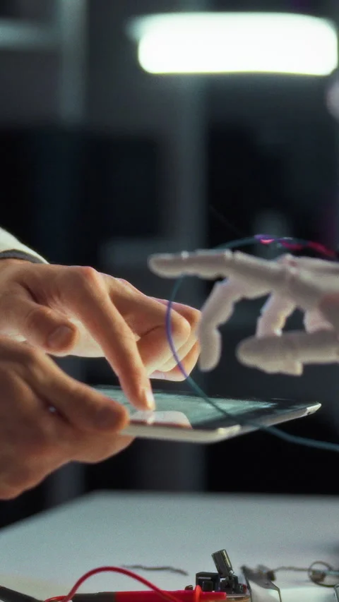 In laboratory a scientist uses a tablet to command a precise robotic hand wh Stock Footage 331795232