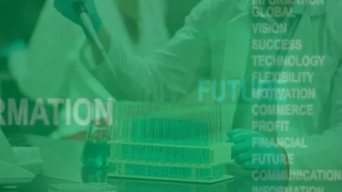 Laboratory scientists working with test tubes over future technology animation Stock Footage 303461629