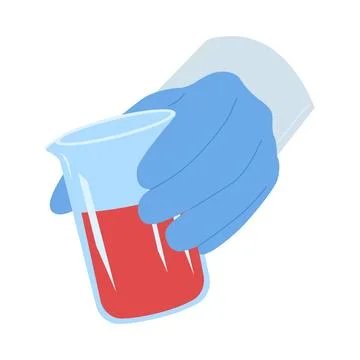 A laboratory setting features a hand securely holding a beaker filled with a Stock Illustration
