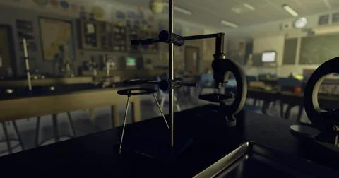 Laboratory setup with equipment showcased in an empty classroom setting Stockillustratie