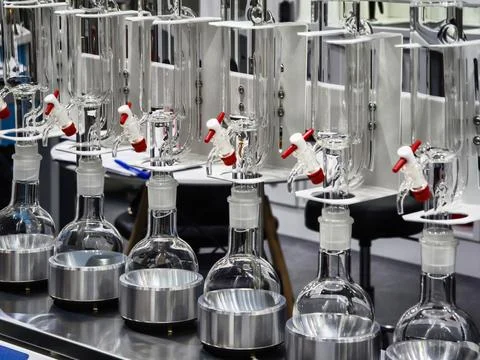 Laboratory setup for experiments with glassware and equipment during the da.. Stock Photos