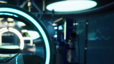 A laboratory is shown with modern equipment and circular lights Stock Footage 344964729