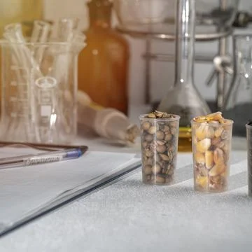 Laboratory studies of corn and soybean seeds. Research on the analysis of a.. Stockfoto's