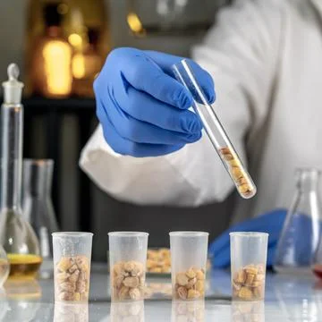 Laboratory studies of corn seeds. Studies on the analysis of agricultural g.. Stockfoto's