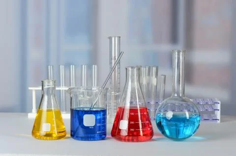 Laboratory Table with Glassware Foto stock